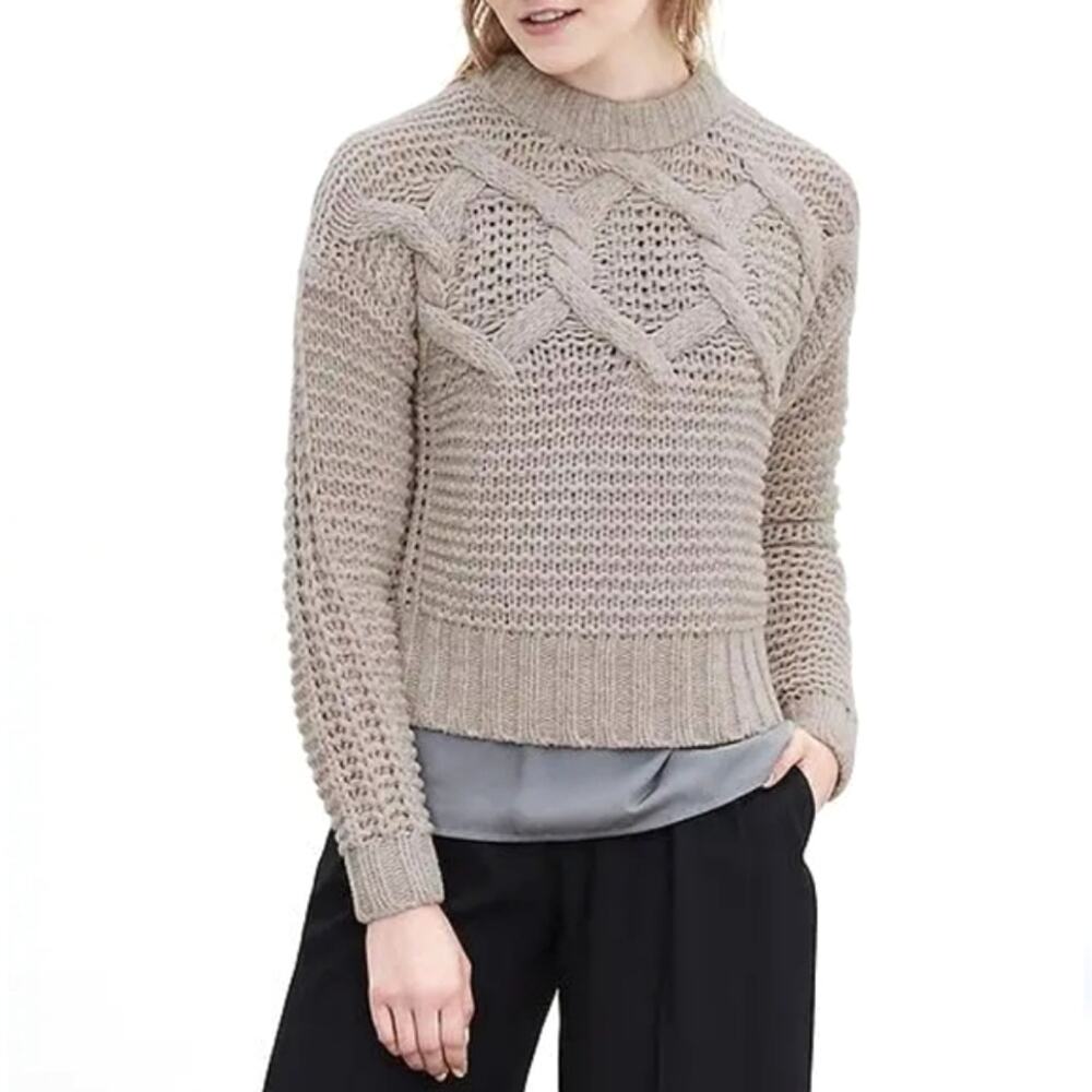 Banana Republic Fisherman Cable Knit Sweater Merino Wool Classic Tan Beige Small